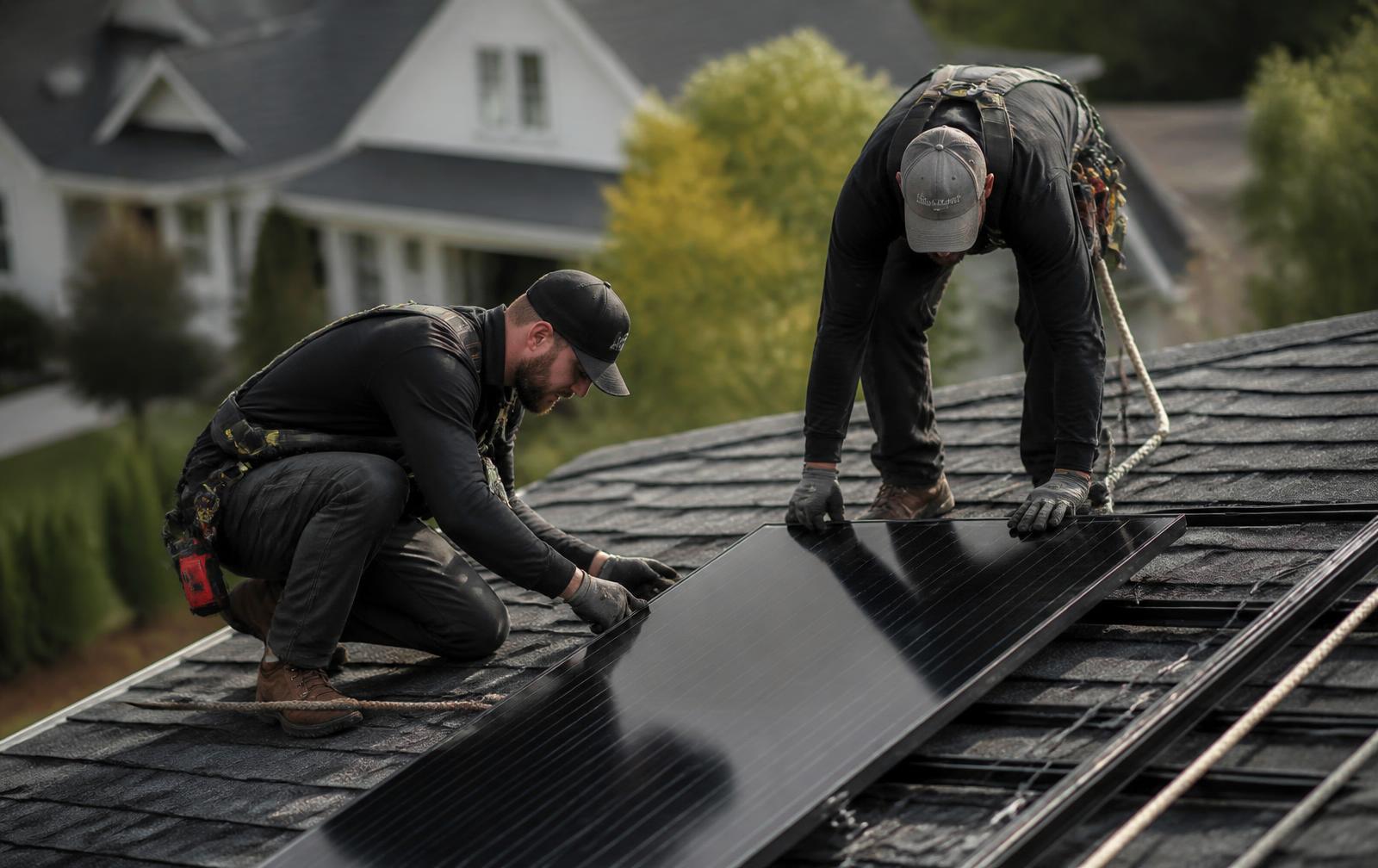 Nova installation crew setting a solar panel on a residential roof